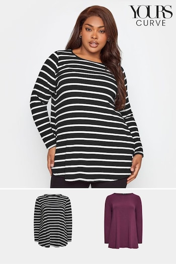 Yours Curve Purple Long Sleeve Rib Swing Top 2 Pack (550605) | £40