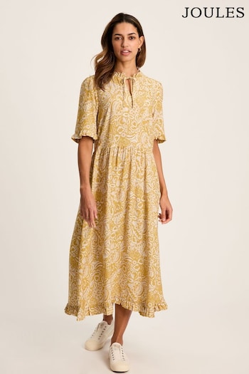 Joules Layla Yellow Frill Hem Floral Midi Dress (550635) | £54.95