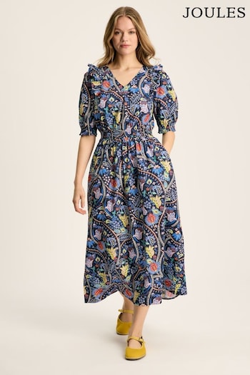Joules Rosalie Blue V-Neck Frill Dress (550804) | £79.95