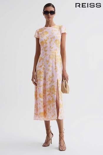 Reiss Pink/Yellow Livia Printed Cut Out Back Midi Dress (550900) | £168