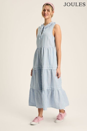 Joules Ophelia Blue & White Sleeveless Tiered Dress Taille (551647) | £69.95