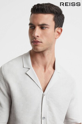 Reiss Ice Grey Lunar Textured Cuban Collar Button-Through Shirt (551754) | £118