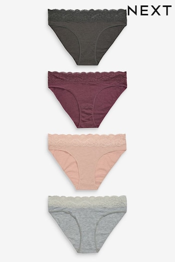 Grey Marl/Pink/Plum High Leg Cotton and Lace Knickers 4 Pack (552135) | £16