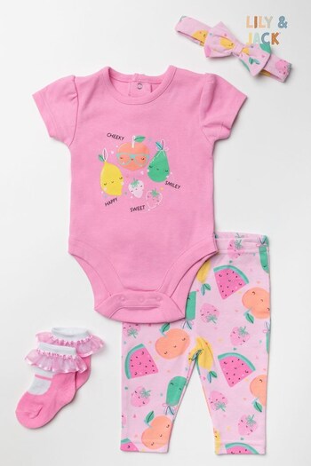 Little Gent Baby Pink Fruits Print Cotton 4 Piece Gift Set (552409) | £26