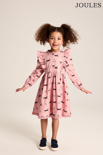 Joules Florence Pink Horse Print Long Sleeve Frilled Dress linen (552440) | £36.95 - £39.95