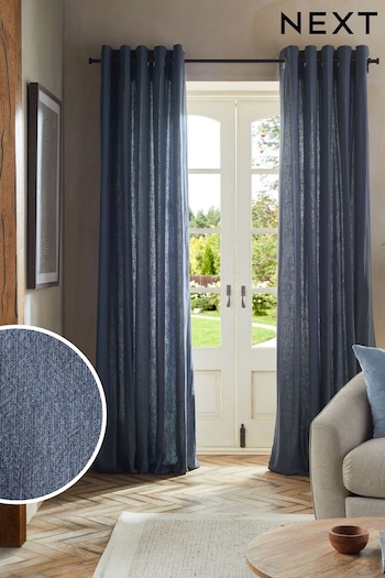 Blue Washed Cotton Linen Eyelet Lined Curtains (552519) | £50 - £115