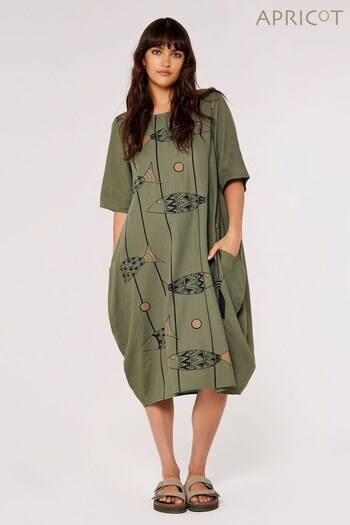 Apricot Green Fish Print Linen Mix Cocoon Dress (552567) | £39