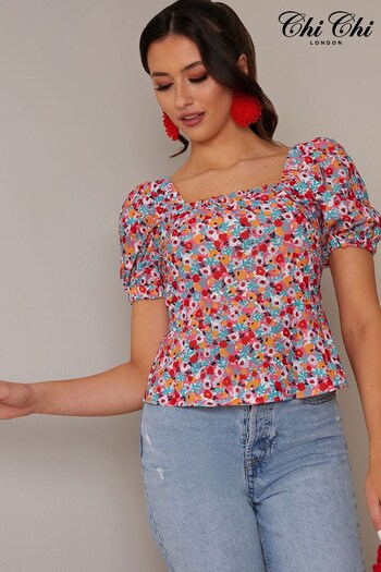 Chi Chi London Red Cross Back Puff Sleeve Floral Top (553088) | £50
