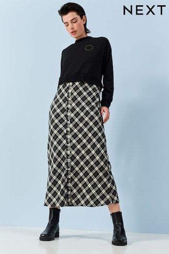 Black/ Khaki Checked Graphic Layered Sweatshirt Checked Dress (553096) | £44