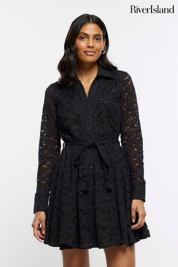 River Island Black Beaded Lace Shirt Dress (553966) | £55