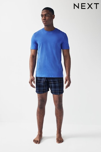 Navy/Blue Check Cotton Pyjamas Shorts Set (554042) | £22