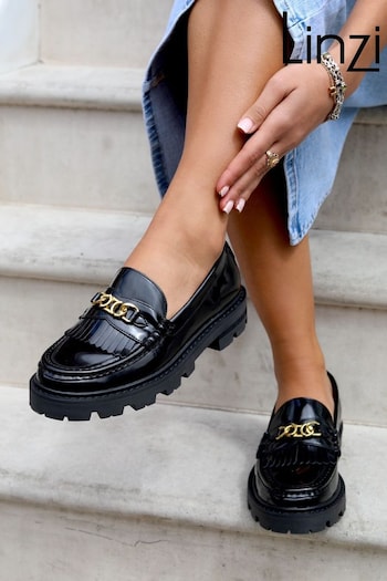 Linzi Black Remy Loafers with Fringe Detail And Gold Chain (554642) | £38