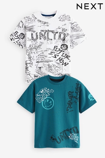 Teal Blue/White Graffiti Graphic Short Sleeve T-Shirt 2 Pack (3-16yrs) (555090) | £16 - £24