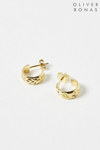 Oliver Bonas Gold Tone Sarah Floral Vintage Engraving Hoop Earrings (555150) | £42