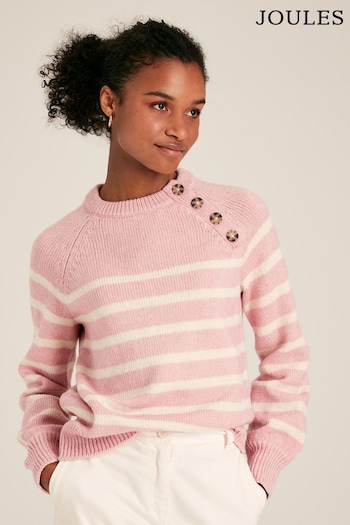 Joules Agnes Pink Striped Button Neck Jumper (555439) | £69.95