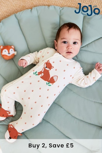 JoJo Maman Bébé Cream Fox Appliqué Zip Cotton Baby Sleepsuit (555592) | £21