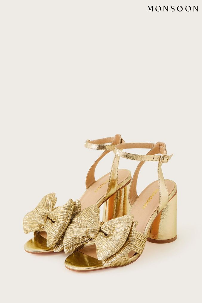 Monsoon Gold Metallic Bow Block Heel Sandals (556054) | £75