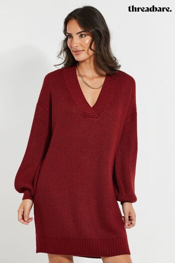 Threadbare Red Curve V-Neck Knitted Dress (556380) | £30
