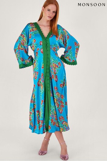 Monsoon Blue Button Through Print Kaftan Dress (556626) | £100