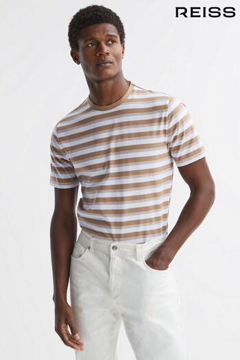 Reiss Camel/White Dean Cotton Crew Neck Striped T-Shirt (556697) | £48