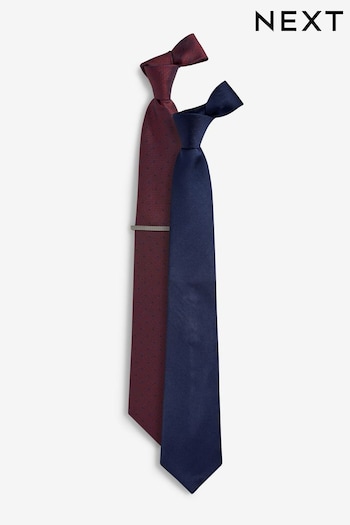 Navy Blue/Burgundy Red Textured Tie With Tie Clips 2 Pack (556823) | £20