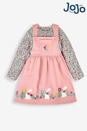 JoJo Maman Bébé Pink Bunny Floral Girls' 2-Piece Appliqué Pinafore Dress Mens & Top Set (557255) | £26.50