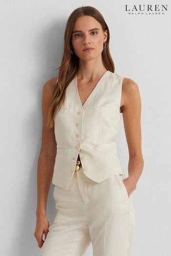 Lauren Ralph Lauren Cream Drewty Linen Blend Twill Waistcoat Vest (557539) | £279