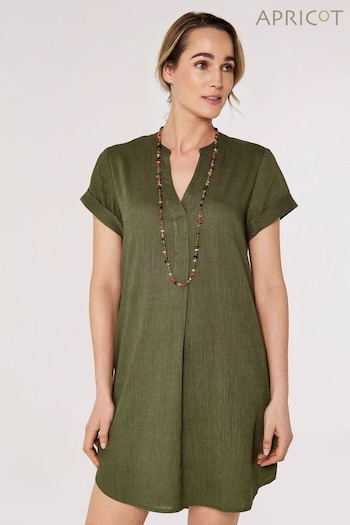 Apricot Khaki Green Front Pleat V-Neck Linen Mix Dress (557594) | £35