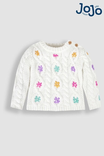 JoJo Maman Bébé Cream Girls' Cable Knit Jumper With Embroidered Flowers (557639) | £26.50