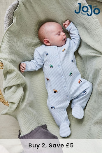JoJo Maman Bébé Blue Tractor Embroidered Cotton Baby Sleepsuit (557818) | £21