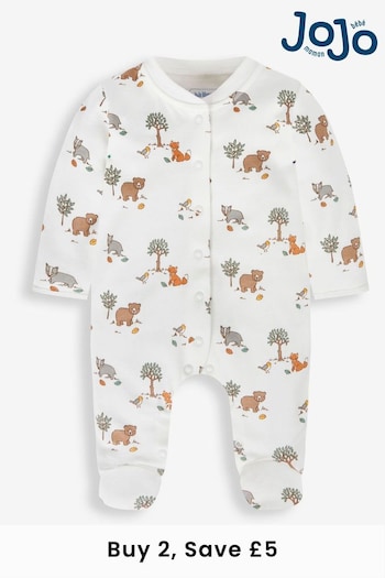 JoJo Maman Bébé Cream Woodland Print Cotton Baby Sleepsuit (557845) | £20