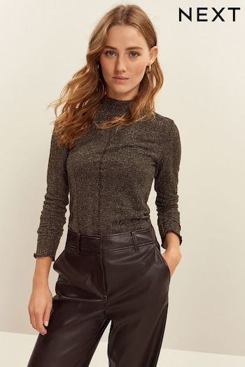 Chocolate Brown Cosy Rib Sparkle High Neck Long Sleeve Top (559672) | £29