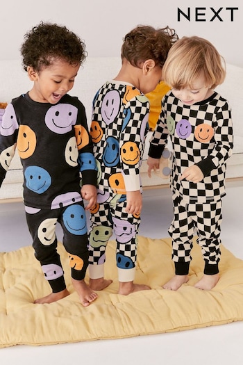 Black/White 3 Pack Smiley Face Snuggle Pyjamas (9mths-8yrs) (559900) | £26 - £32