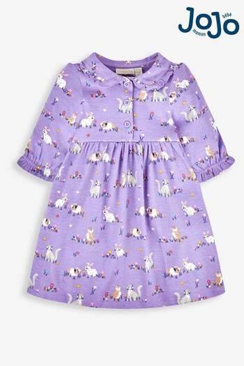 JoJo Maman Bébé Lilac Girls' Animal Friends Button Front Dress With Collar (560966) | £23.50