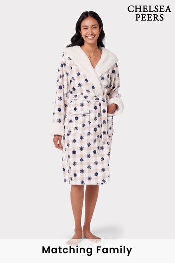 Chelsea Peers Cream Fleece Gingham Snowflake Print Hooded Robe (561338) | £55