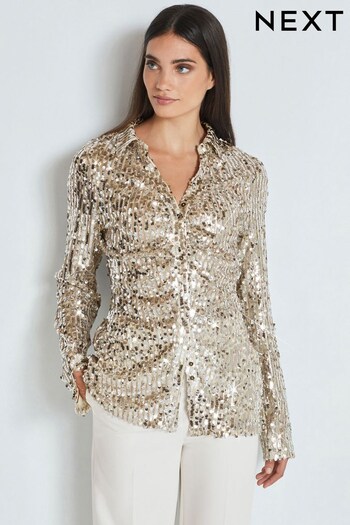 Champagne Gold Long Sleeve Sequin Ruched Shirt (561876) | £55