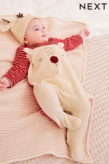 Cream/Red Christmas Velour Baby Sleepsuit (0mths-2yrs) (562303) | £14 - £16