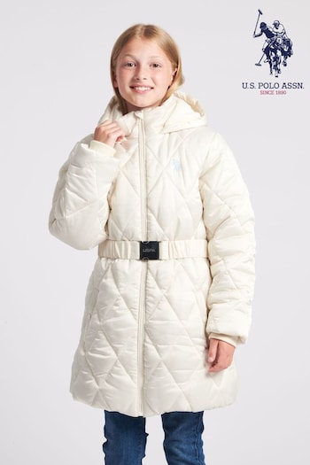 U.S. Polo slim Assn. Girls Cream Belted Puffer Coat (563031) | £110 - £132