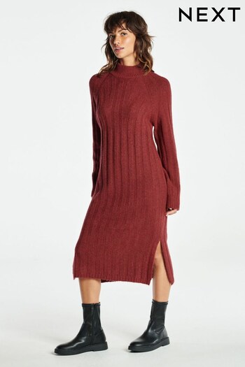 Dark Red Knit High Neck Ribbed Dress (563358) | £38