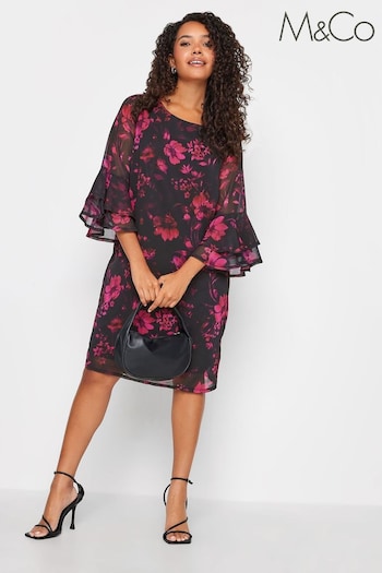 M&Co Black Floral Flute Sleeve Shift Dress (563811) | £45