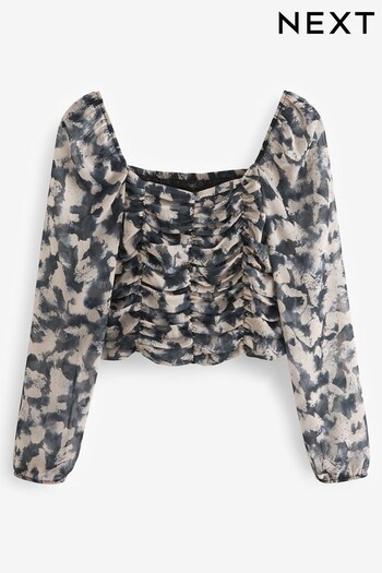 Smudge Print Ruched Long Sleeve Georgette Top (563842) | £34