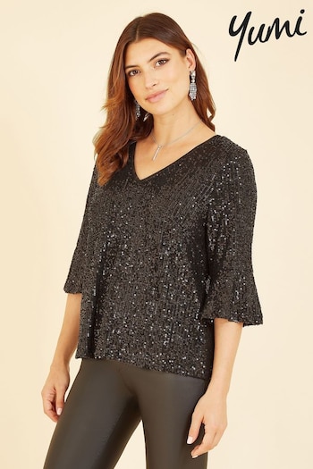 Yumi Black Sequin Top With Fluted Sleeve (564188) | £45