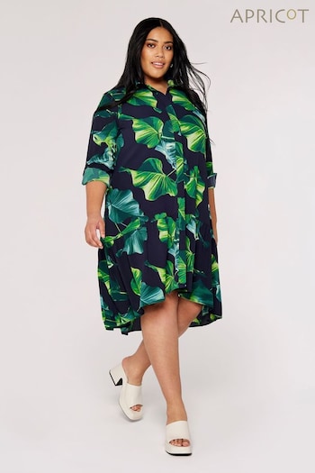 Apricot Navy Blue & Green Banana Leaf High Low Shirt Dress (564389) | £39