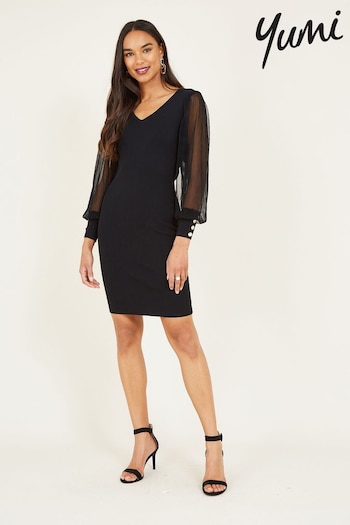 Yumi Black Knitted Body Con Dress With Chiffon Sleeve (564563) | £50