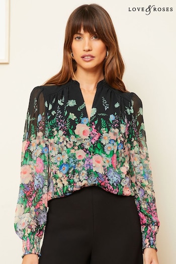 Gifts For Him Black Floral Print V Neck Puff Sleeve Blouse (565027) | £40