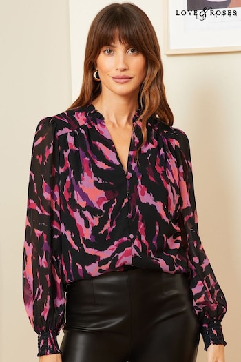 Love & Roses Pink Animal Printed V Neck Puff Sleeve Blouse (565036) | £39