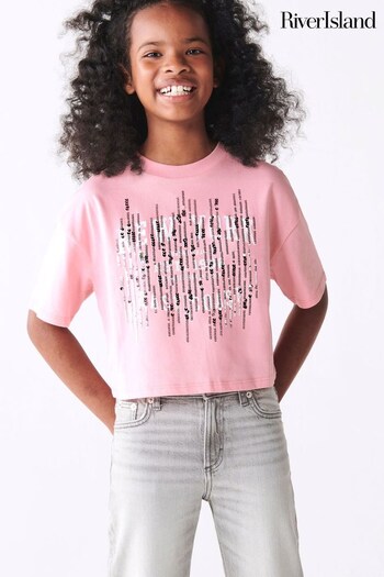 River Island Pink Girls New York Sequin Crop T-Shirt (566328) | £14