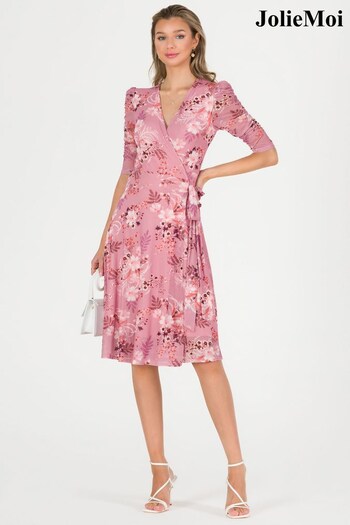 Jolie Moi PInk Elodea Mesh Ruched Sleeve Wrap Dress (566337) | £75