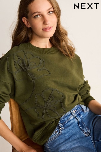 Khaki Green Corded Flower Detail Long Sleeve Cosy Soft Touch Jumper (566834) | £35