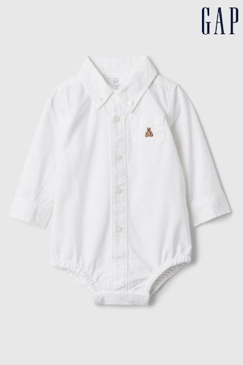 Gap White Brannan Bear Oxford Long Sleeve Bodysuit (Newborn-24mths) (566983) | £15